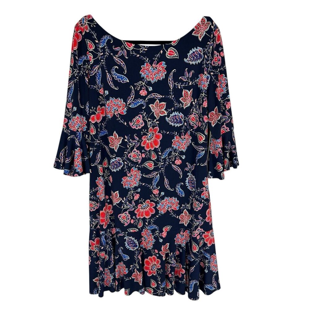 NEW Eliza J Navy Pink Floral 3/4 Bell Sleeve Exposed Zipper Knit Shift Dress 18